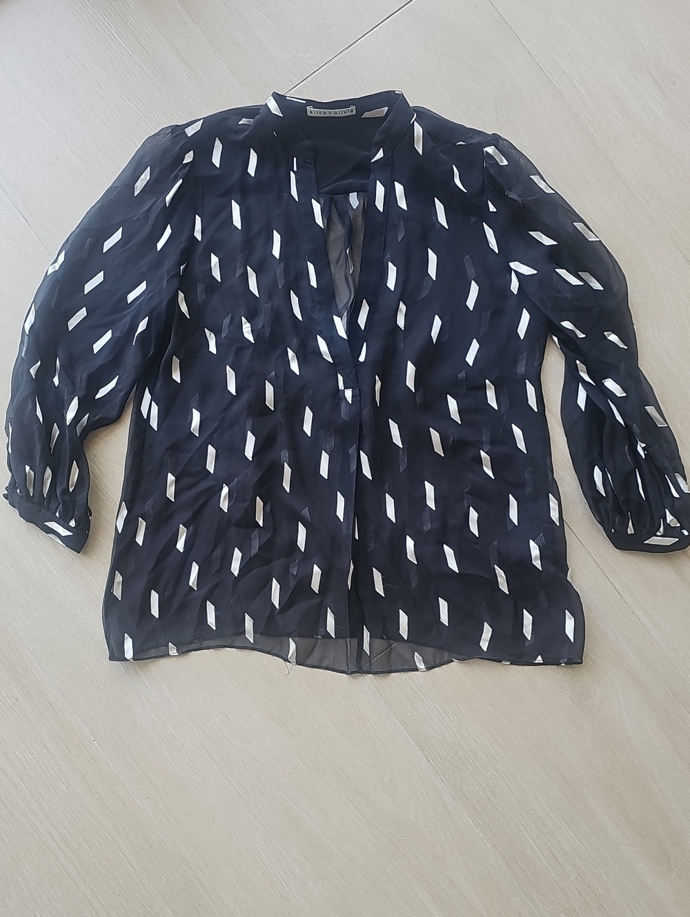 Alice + Olivia Black Sheer Geometric-Print Blouse